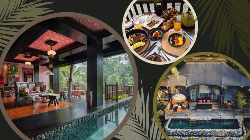 A collage featuring pictures of a restaurant and a pool, showcasing the exquisite amenities of the Capella Ubud Resort in Bali.