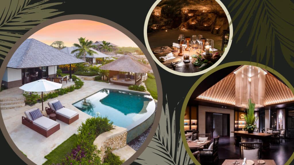 A stunning collage showcasing the captivating beauty of Raffles Bali Hotel set amidst the breathtaking allure of Bali, featuring an exquisite pool that epitomizes pure tropical bliss.