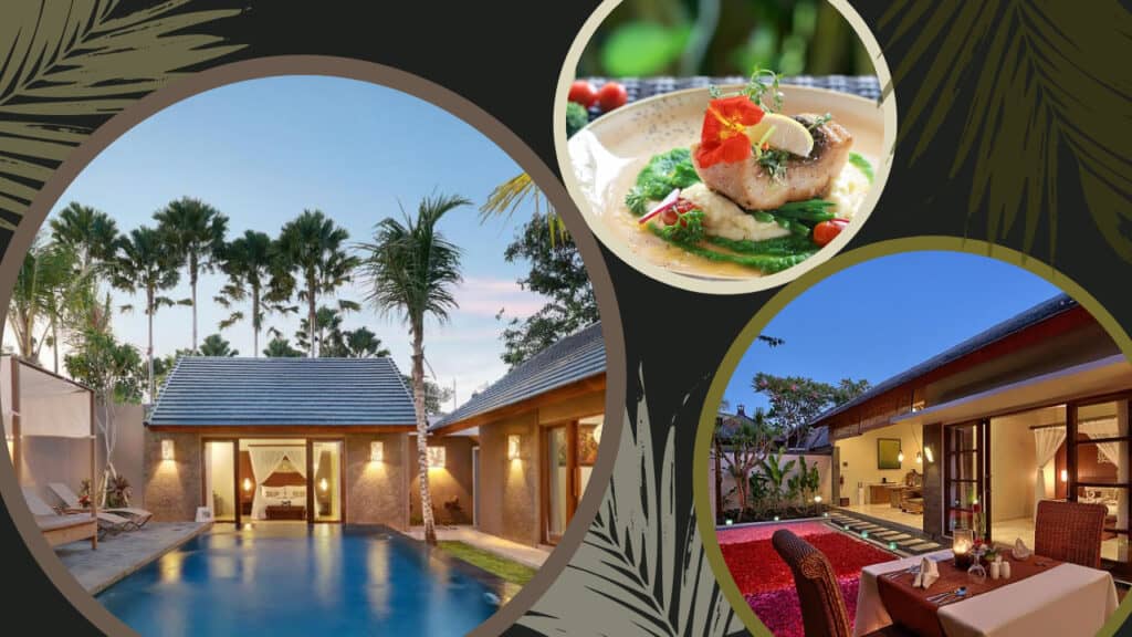 A stunning collage showcasing the luxurious pool and breathtaking views of a Lumbini Luxury Villas and Spa nestled in the enchanting landscape of Bali.