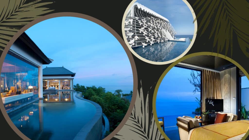 Three pictures of a resort with a pool and a breathtaking view of the ocean in Bali.