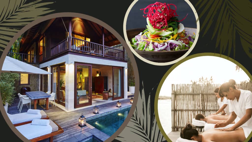 A collage of pictures of people relaxing in a spa at COMO Shambhala Estate hotel in Bali.