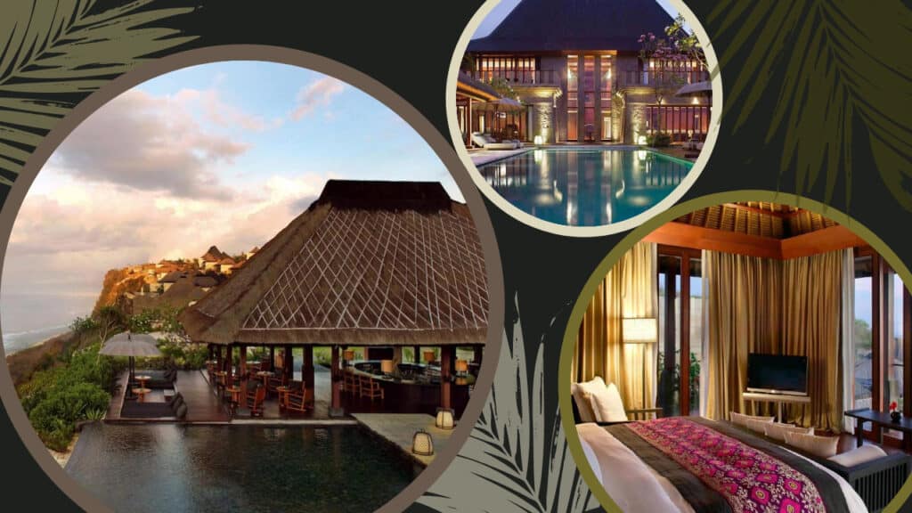 A collage of pictures of Bulgari resort in Bali with a pool.