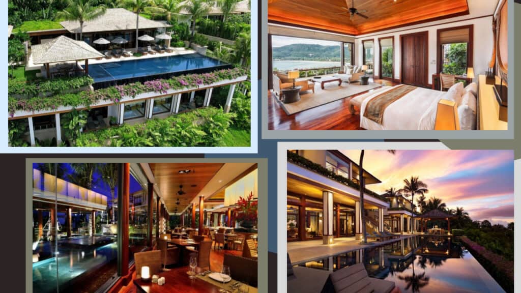 Four pictures of hotels in Phuket with a swimming pool.