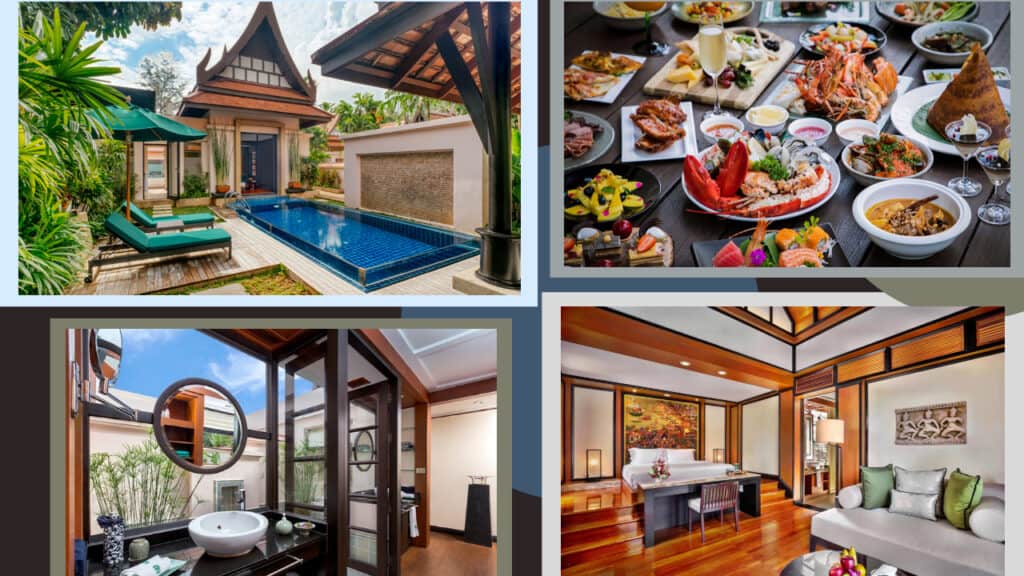         A collage of pictures of a resort in Phuket with a swimming pool.