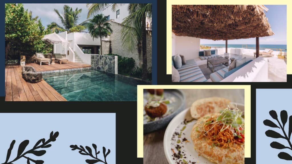A collage of pictures showcasing the best Tulum hotels, featuring stunning beach and pool views.