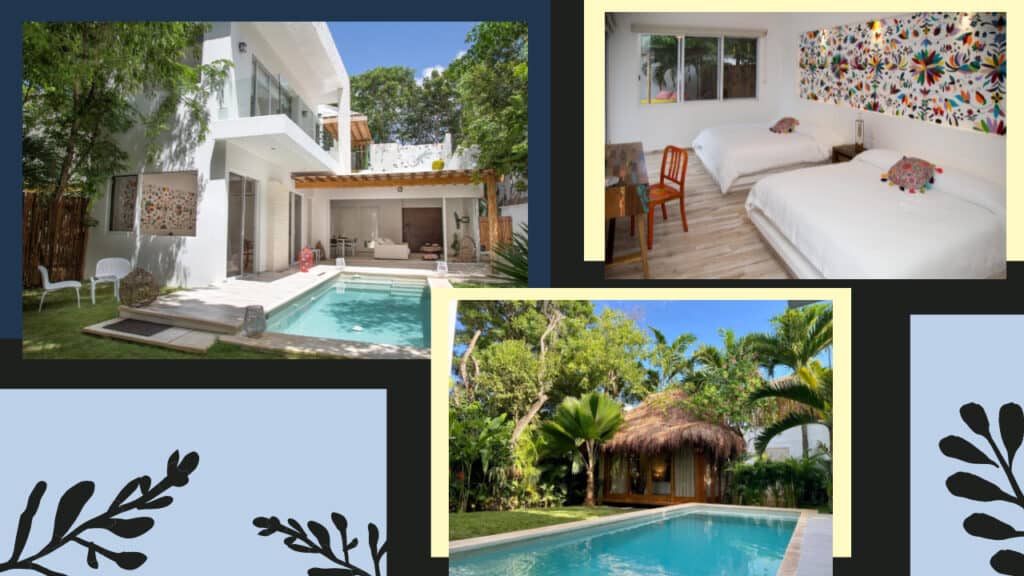 A collage of photos displaying a swimming pool and a house at the best Tulum hotels.