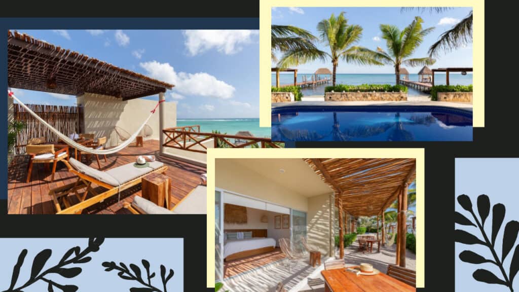A collage of photos showcasing the luxurious amenities and tranquil ambiance of the best Tulum hotels, including stunning images of a serene pool and a relaxing hammock.