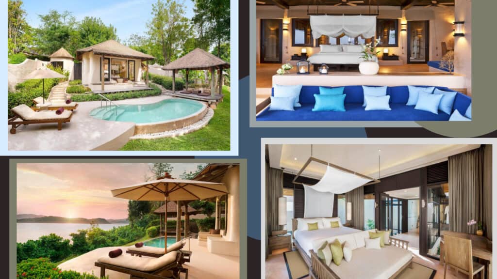Four pictures showcasing a luxurious resort in Phuket, featuring an inviting pool surrounded by comfortable lounge chairs.