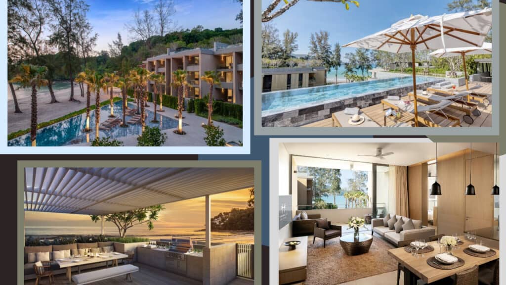 Four pictures of hotels in Phuket, each showcasing a luxurious swimming pool.