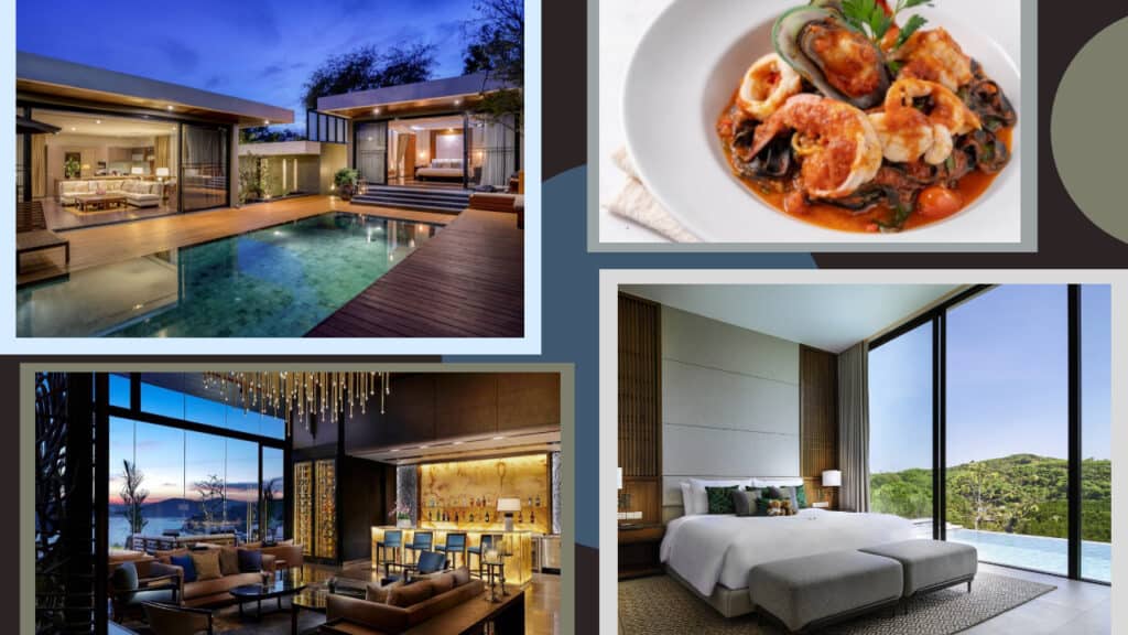 A collage of pictures showcasing a hotel and restaurant in Phuket.