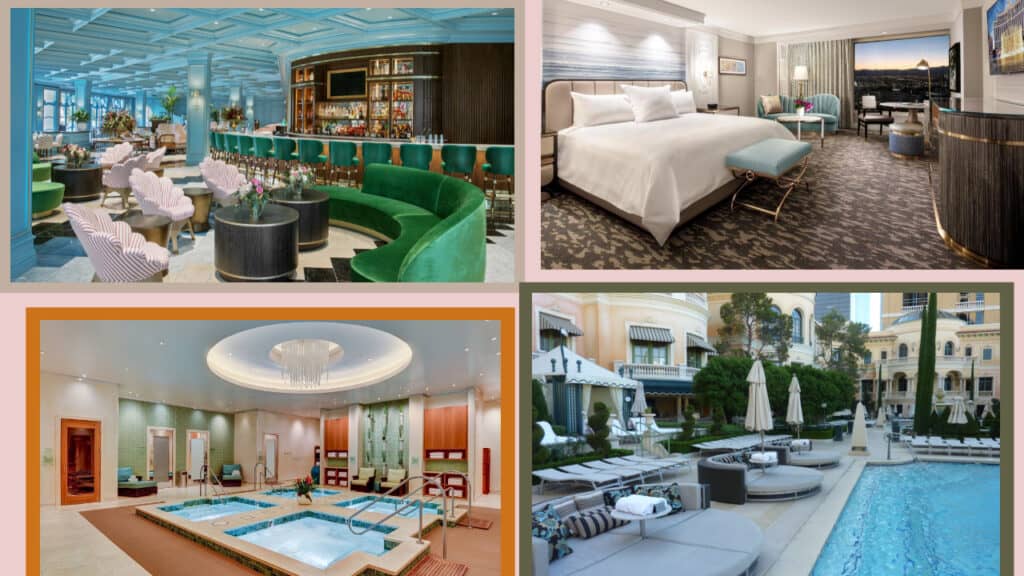 Four pictures of luxurious hotel rooms and a beautiful swimming pool in Las Vegas.
