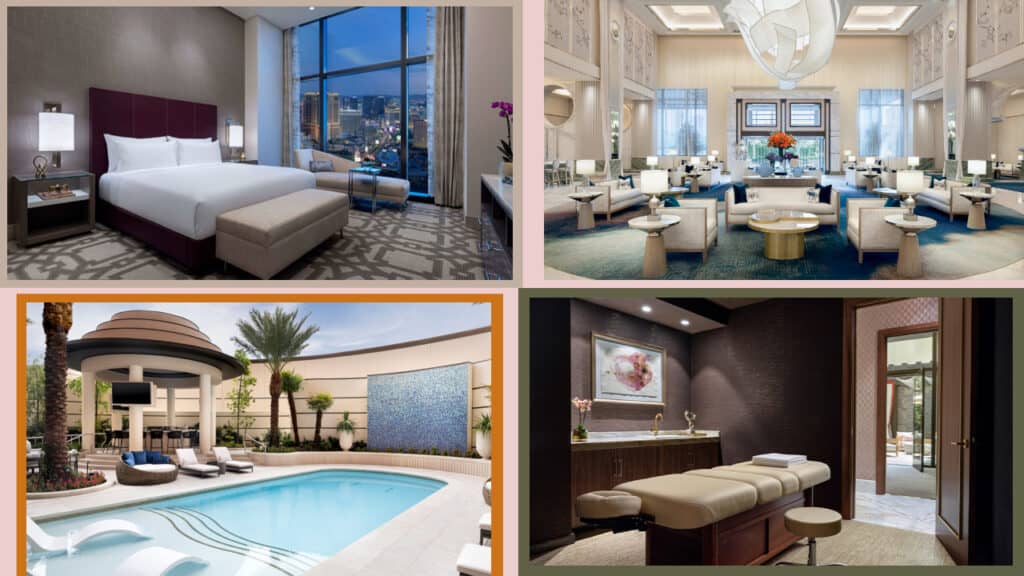 Four pictures of a hotel room with a swimming pool in Las Vegas hotels.