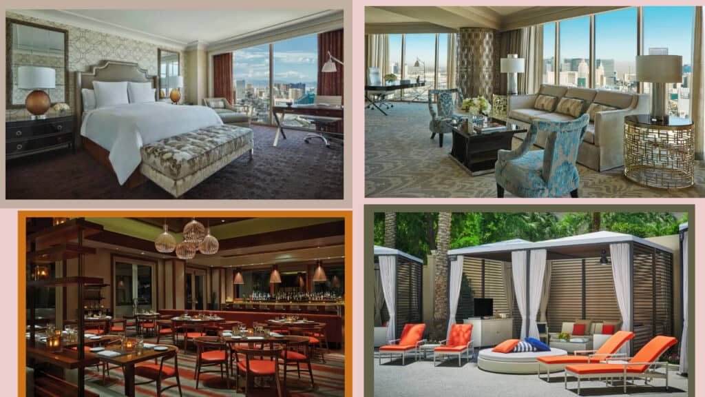 A collage of pictures showcasing the extravagant hotel rooms in Las Vegas.