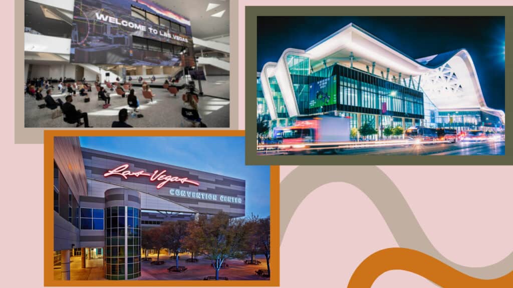 A collage of pictures showcasing stunning Las Vegas hotels in the cityscape.