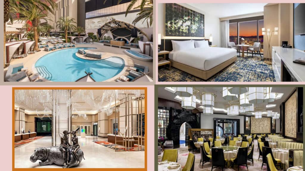 A collage of pictures of a hotel with a swimming pool in Las Vegas.