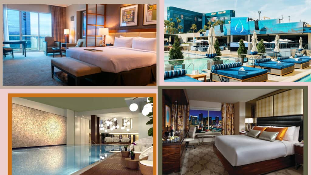 Four pictures of a hotel room with a swimming pool in Las Vegas hotels.