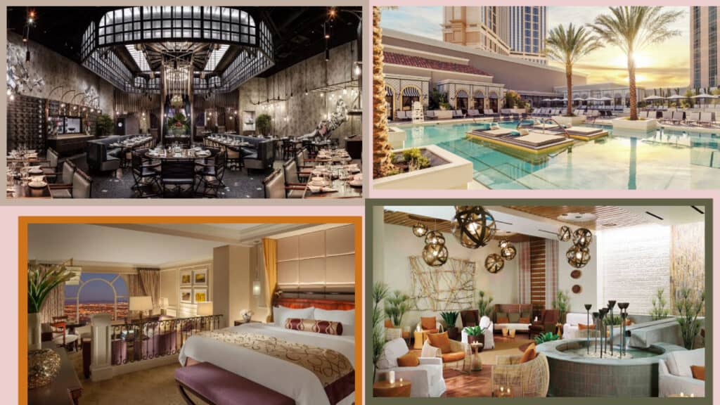 A collage of pictures showcasing the diverse range of Las Vegas hotels.