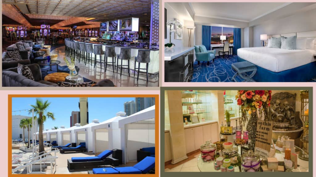 A collage of pictures showcasing luxurious Las Vegas hotel rooms.