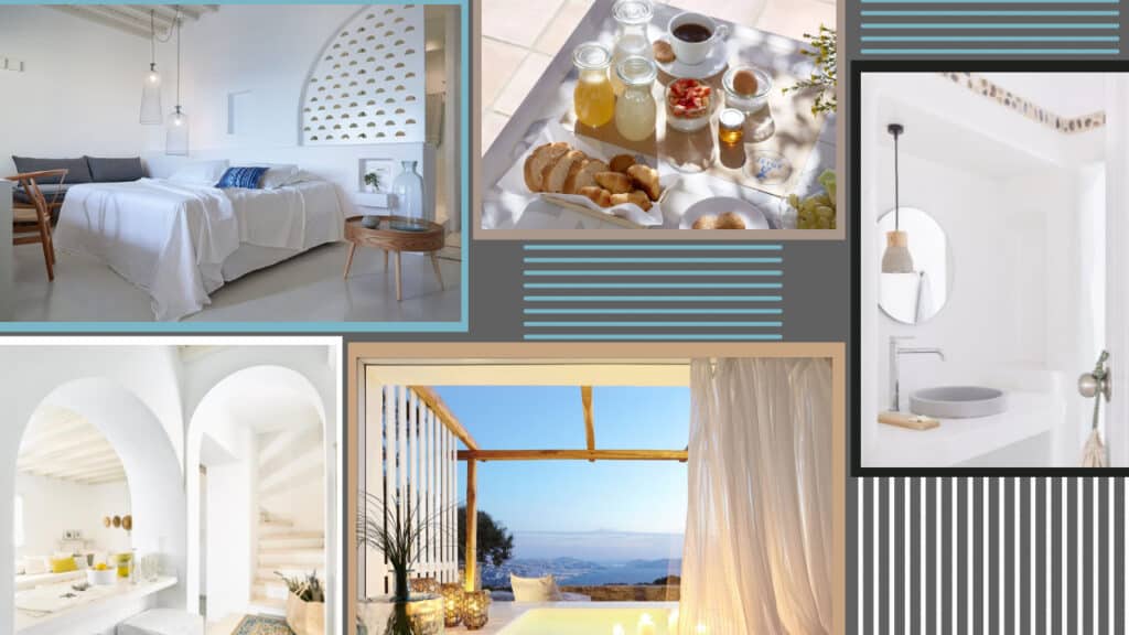 A collage of pictures showcasing colorful and stylish bedroom, bathroom, and living room designs inspired by the serene ambiance of Greece hotels.