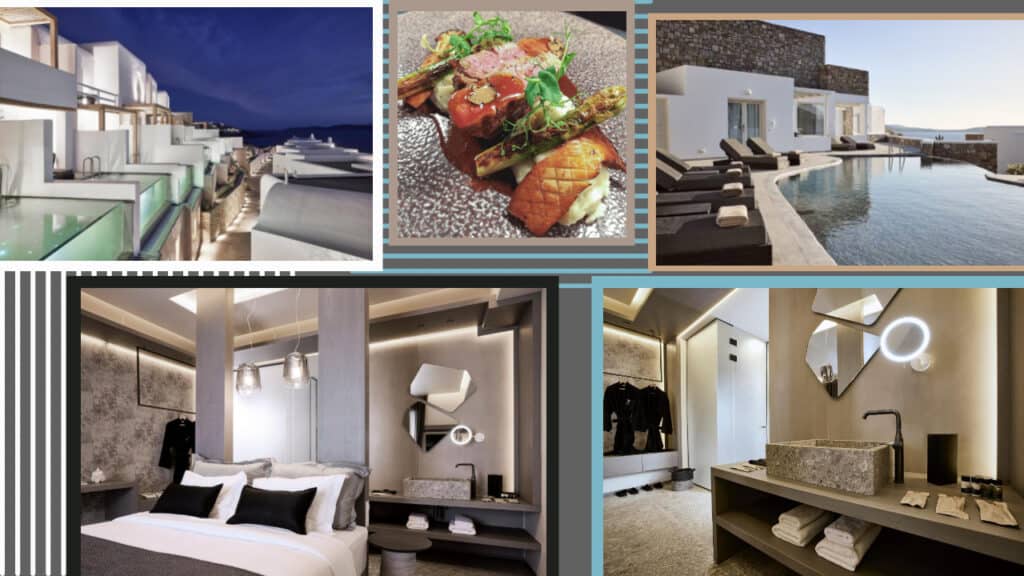 A collage of pictures of a hotel and pool in Greece.