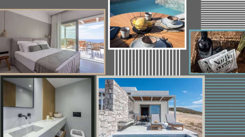 A collage of photos showcasing a hotel room and pool in Greece.