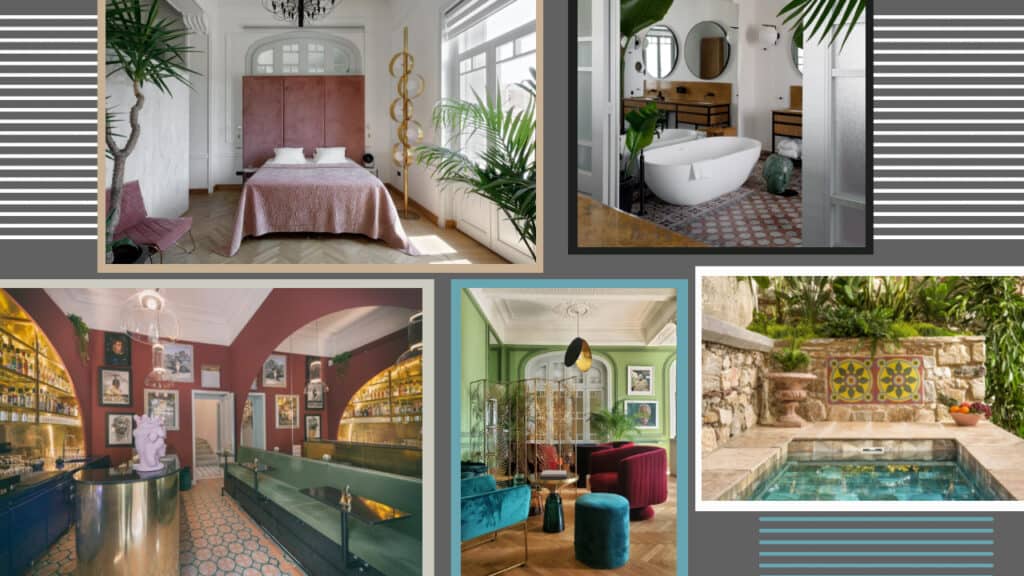 A collage of photos showcasing various rooms in Greece hotels.