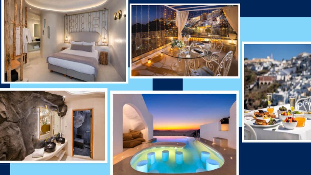 A collage of pictures showcasing the breathtaking Santorini hotels and their mesmerizing pool.
