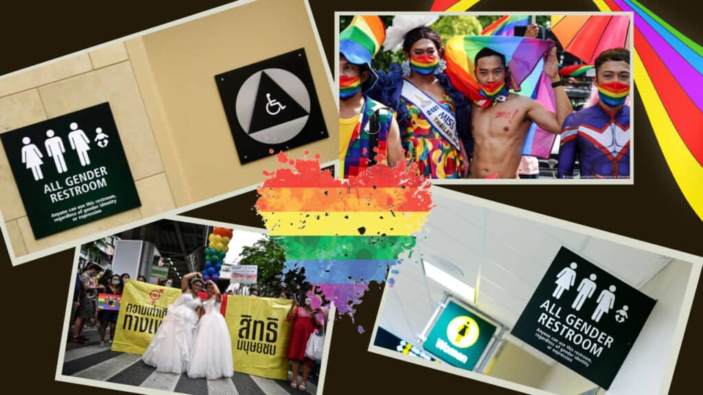 A collage of people with rainbow flags at a pride parade.