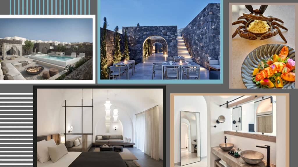 A collage of pictures of hotels with stunning swimming pools, located in Greece.