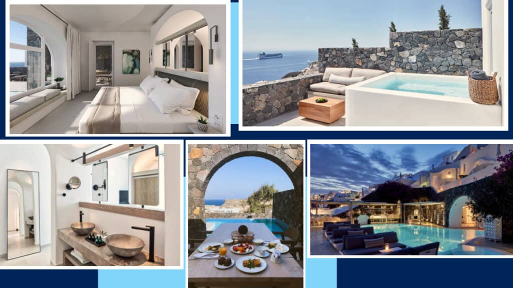 A collage of pictures showcasing the stunning Santorini hotels and their mesmerizing pool.