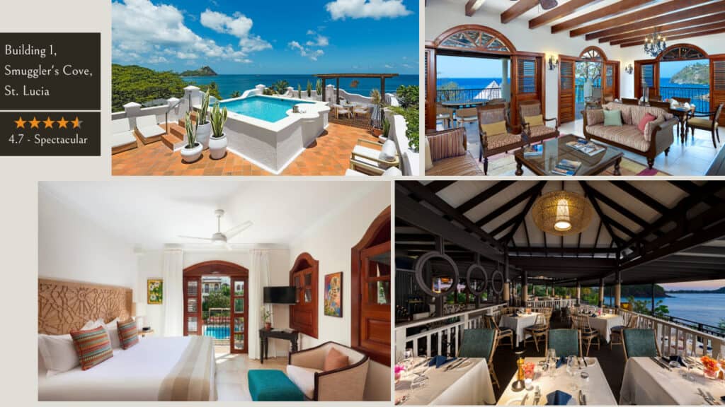 A collage of pictures of a resort with a swimming pool located in St. Lucia.