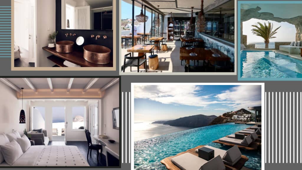 A collage of pictures of a hotel and swimming pool