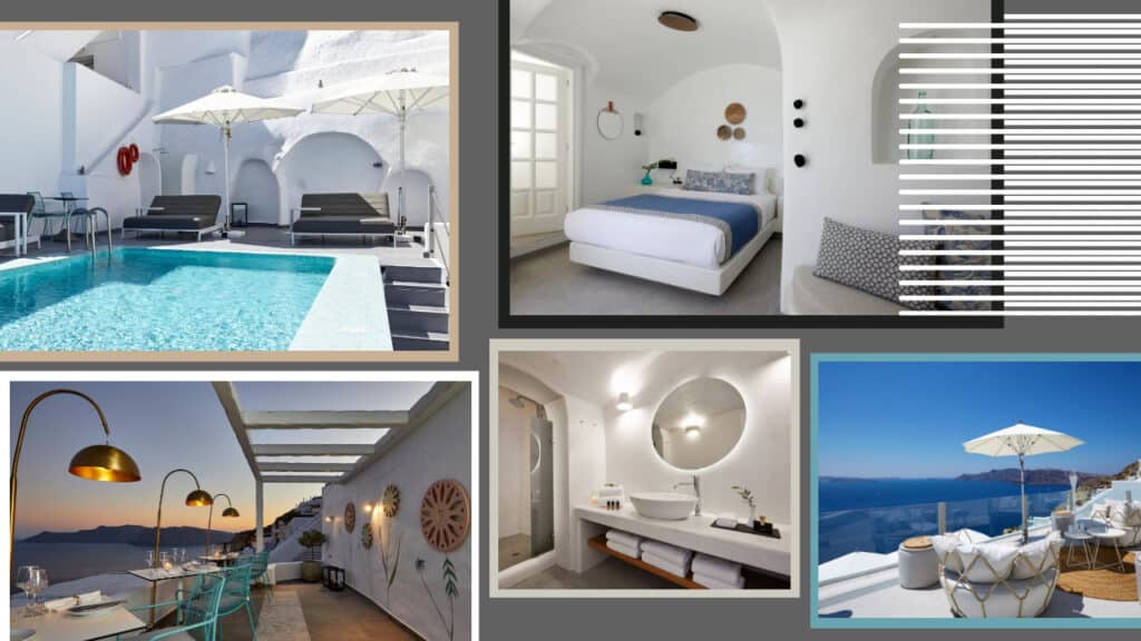 A collage of photos showcasing a luxurious swimming pool and a beautiful hotel in Greece.