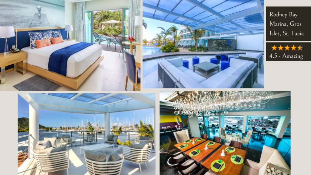 A collage of pictures of a hotel room with a view of the ocean in St. Lucia hotels.