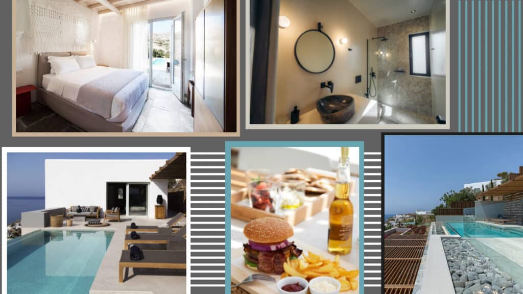 A collage of pictures showing a swimming pool and a hotel in Greece.