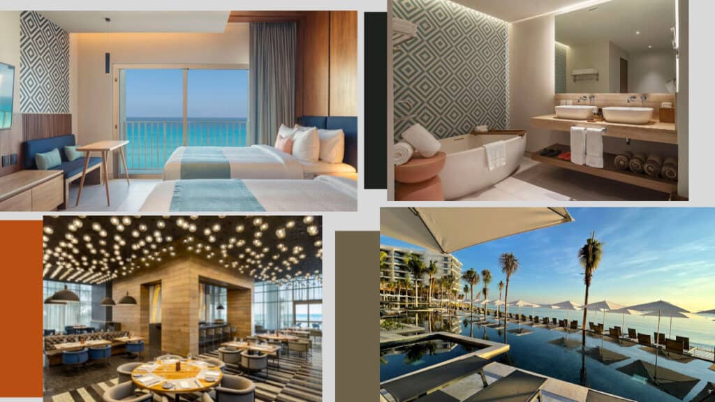 Four pictures of cancun hotels with a view of the ocean.