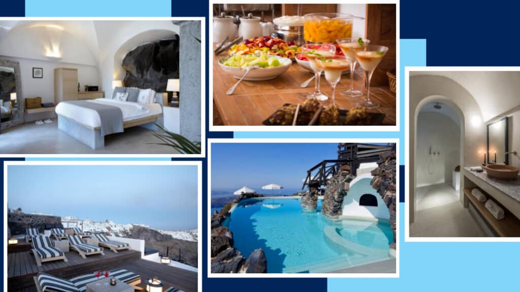 A mesmerizing collage featuring stunning images of luxurious Santorini hotels with magnificent views of the sparkling pool.