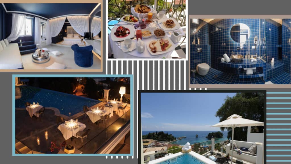 A stunning collage showcasing the luxurious hotels and exquisite pools of Greece.