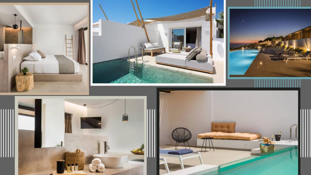 A collage of photos showing a swimming pool and lounge chairs at luxurious Greece hotels.