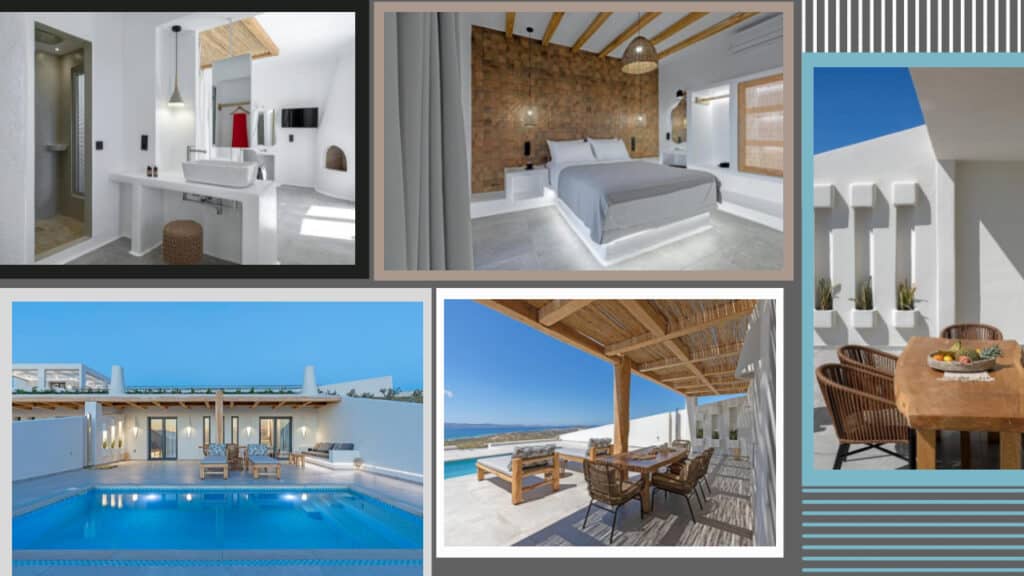 A collage of photos showing a swimming pool, a bedroom, and a living room in luxurious Greece hotels.