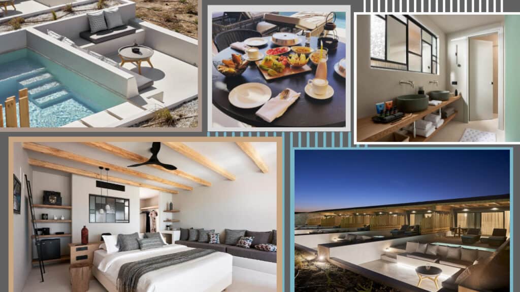 A breathtaking collage of photos showcasing luxurious hotels and an exquisite pool in Greece.