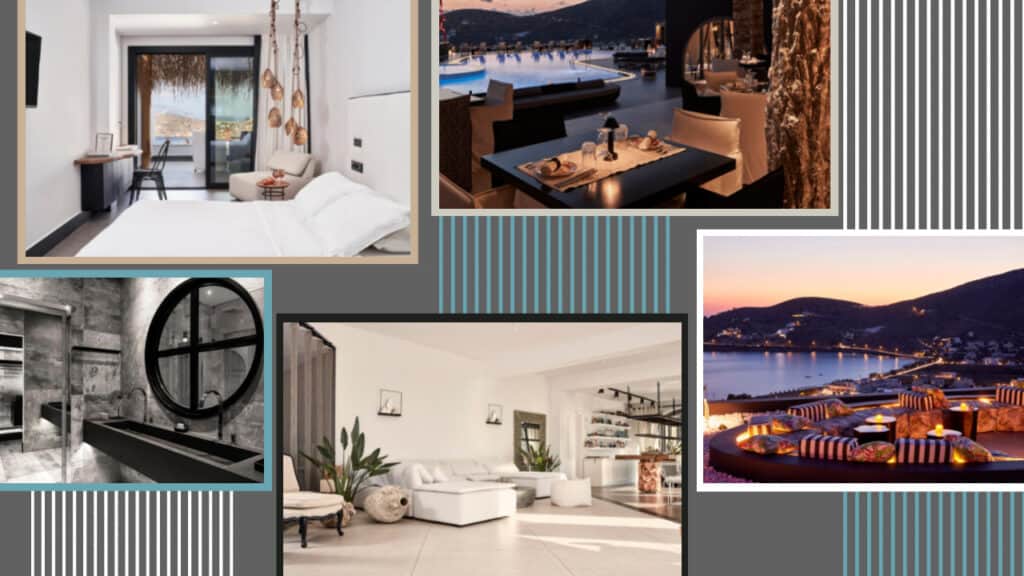 A captivating collage of Greece's exquisite hotels and stunning beaches.