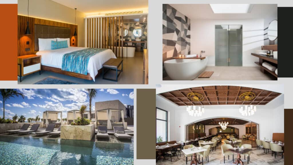 Four pictures of luxurious Cancun hotels showcasing stunning pools and elegantly designed hotel rooms.