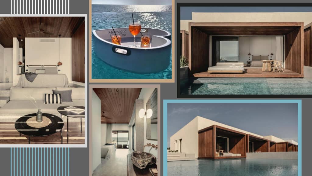 A stunning collage of pictures capturing the vibrant blue pool and the elegant architecture of a beautiful house.