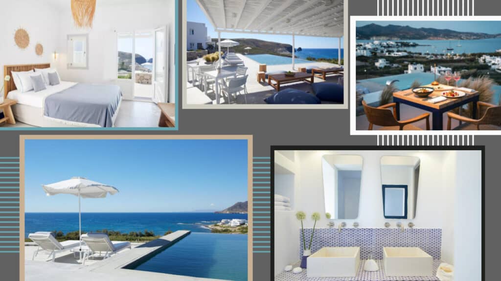 A collage of pictures showcasing a vibrant Greek hotel with stunning views of the beach and a refreshing pool.