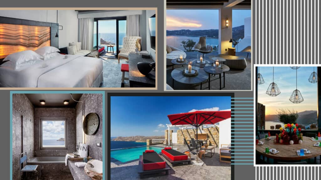 A stunning collage of pictures showcasing a hotel room in Greece with an enchanting view.