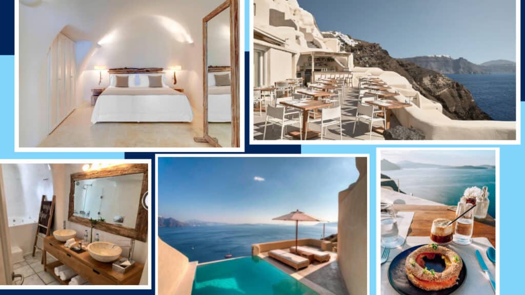 A collage of pictures of santorini hotels with a view of the sea.