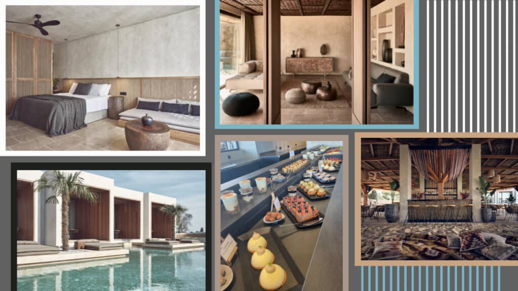 A collage of pictures of a hotel room with a pool in Greece.