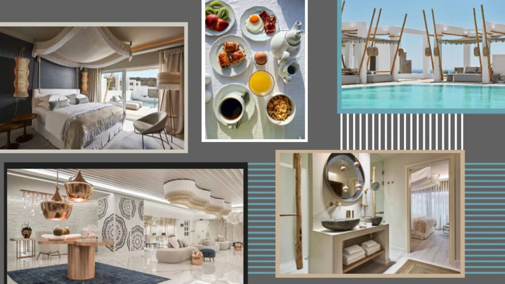 A collection of pictures showcasing the picturesque hotel rooms in Greece.