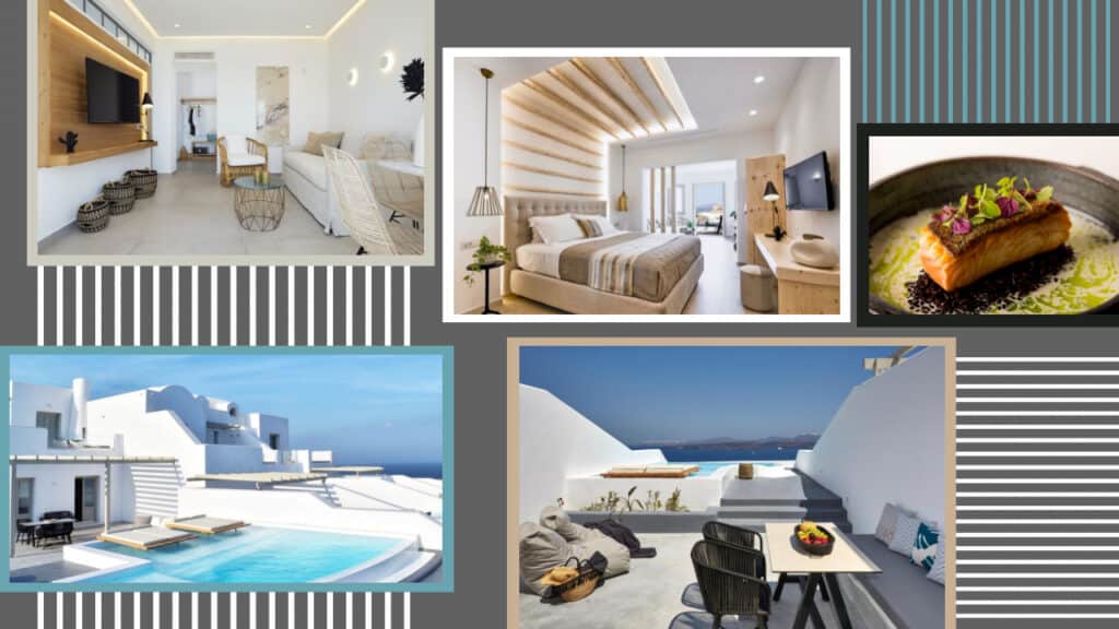 A collage of photos showcasing a luxurious hotel room and an exquisite swimming pool in Greece.